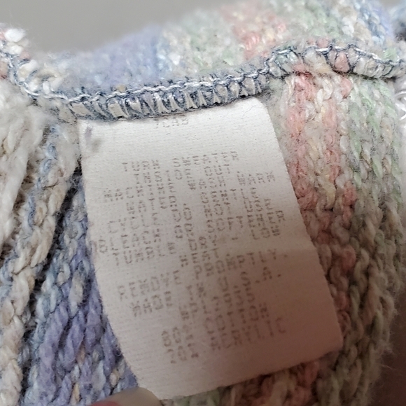 VINTAGE 80s Alps Pastel Pink Blue Heart Ribbed Knit Floral Button Up Cardigan L - Picture 16 of 16